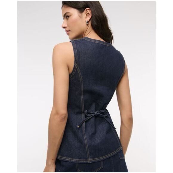 Abercrombie & Fitch Denim Vest Womens Large Blue Dark Wash Button Tie Back New - Picture 2 of 11